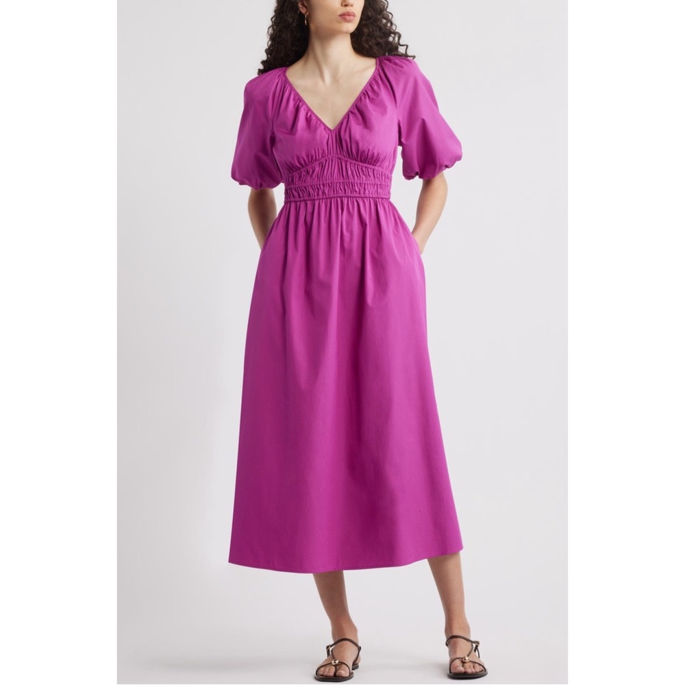 NORDSTROM | Puff Sleeve Cotton Poplin Midi Dress in Pink Wild Aster, Size Medium
